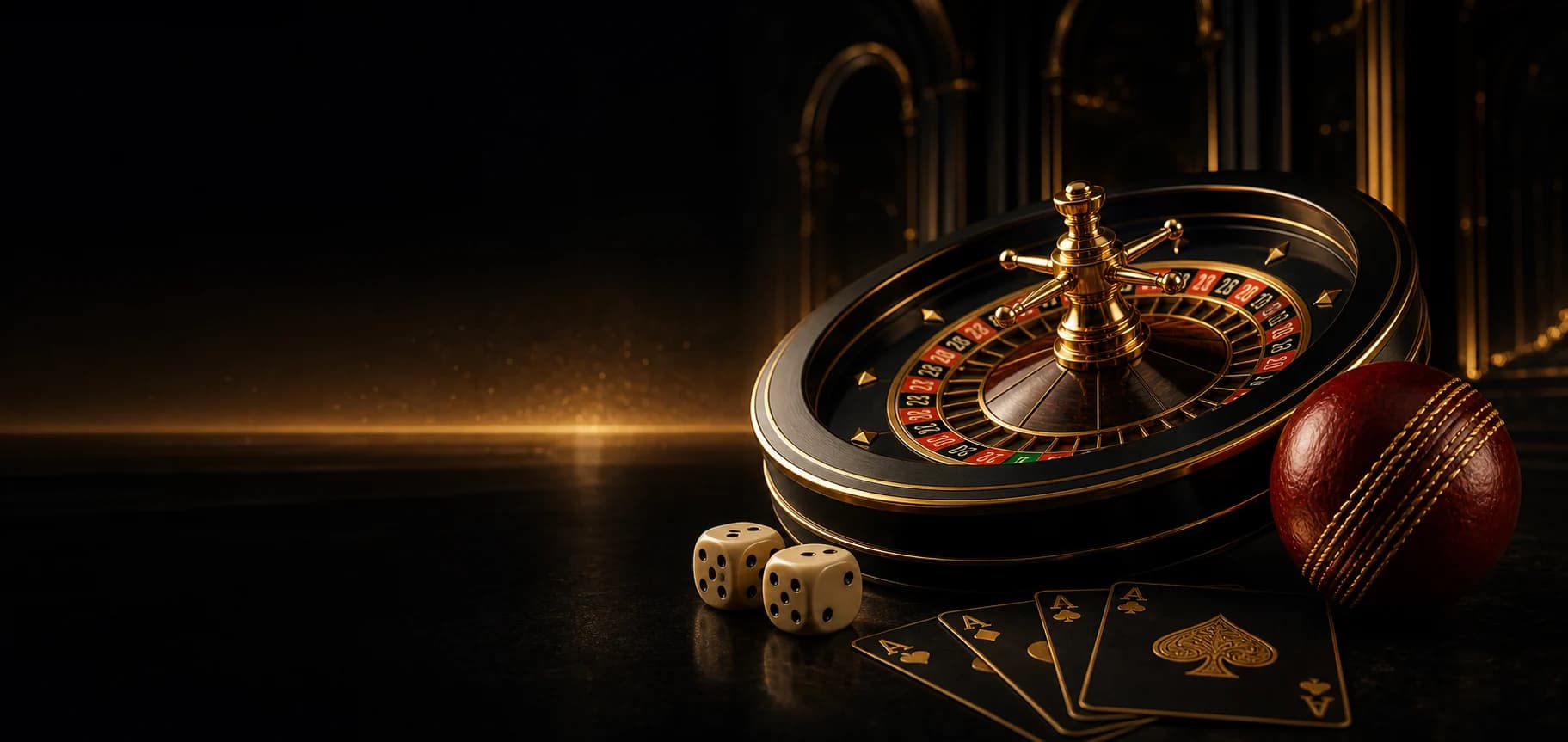 Roulette, dice, cards, and a cricket ball arranged in a premium gaming scene